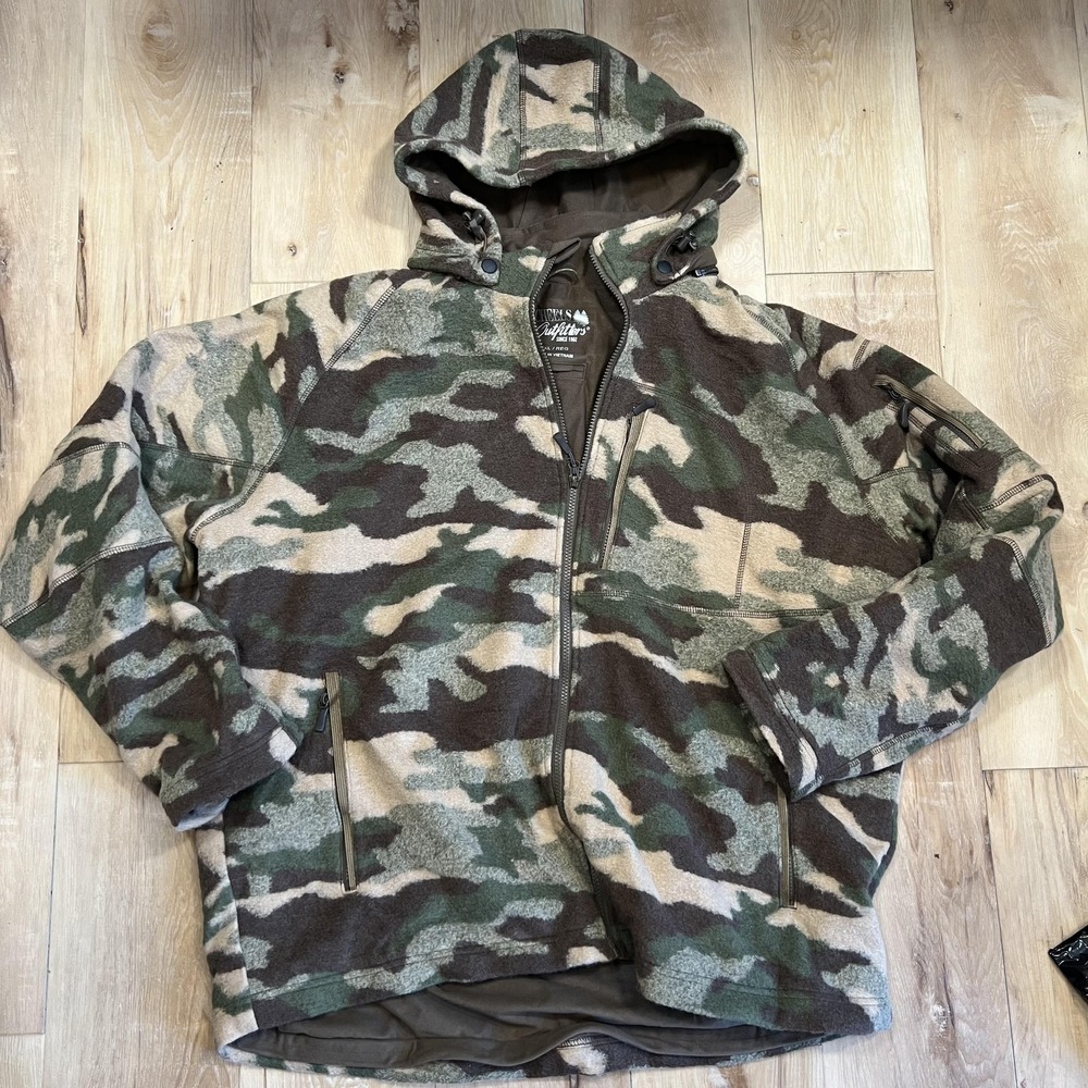 Scheels Wool Jacket Mens 2XL Green Camo Fleece Hooded Full Zip Hunting